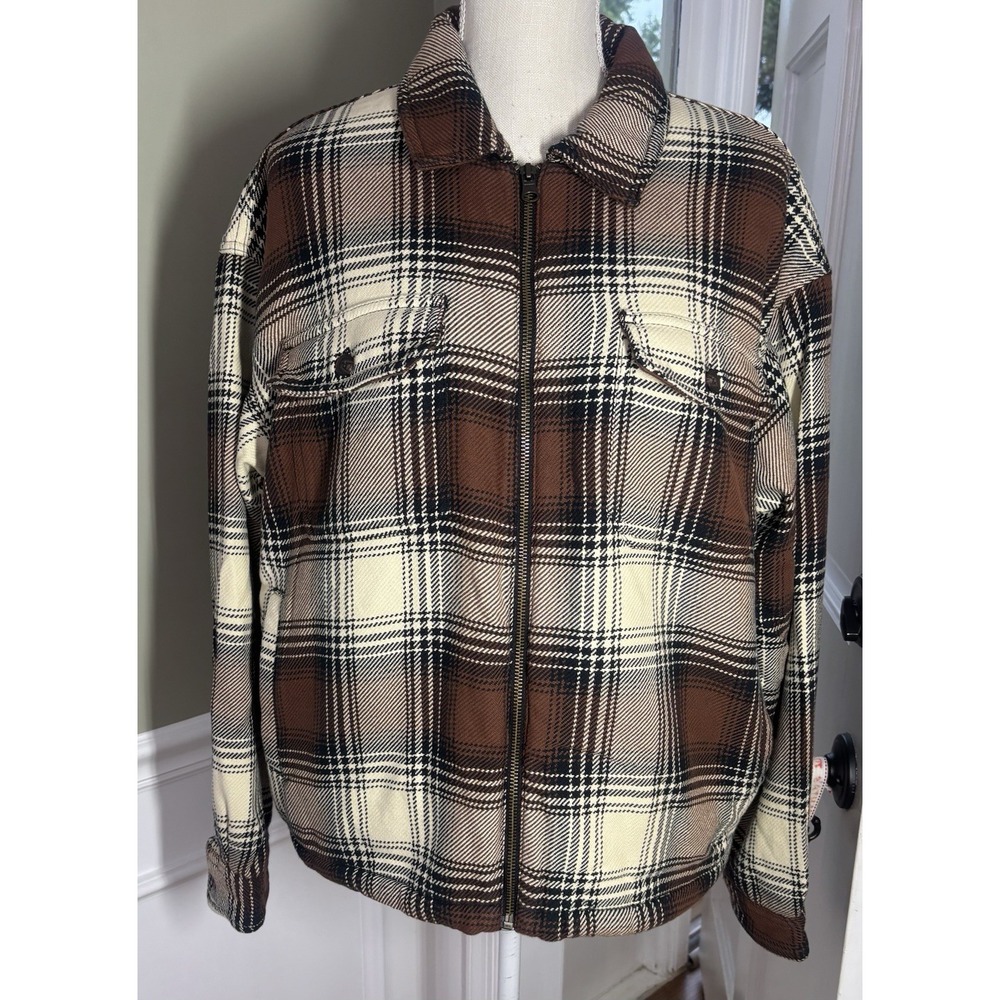 Womens Sherpa Lined Plaid Flannel Jacket Brown Size Large Organic Cotton